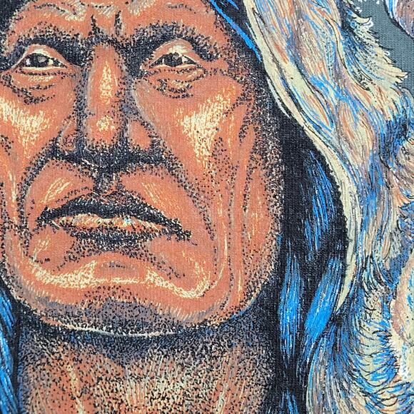 Vintage 90s Native-American Indian Wolf Shirt Medium 19x26 Green - Picture 9 of 13